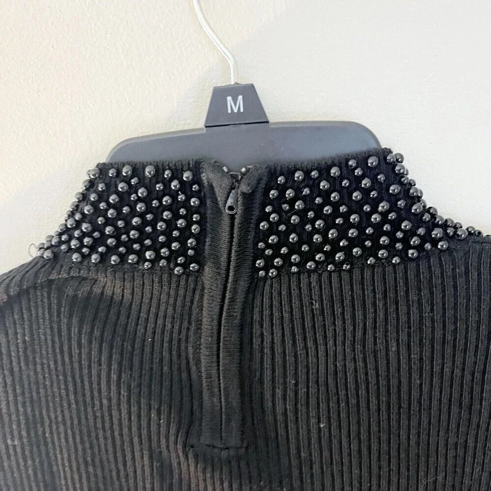 Le Gary Black Beaded Sweater Women's Medium Knit Mock Neck Long Sleeve Italy